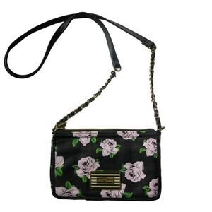 BETSEY JOHNSON Mini Cross Body Purse Wallet Bag Black/Roses Chain Strap